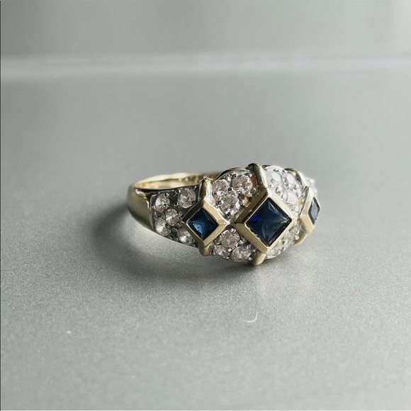 Estate 14k Gold Sapphire & Diamonique Cubic Zirconia Dome Ring - Picture 3 of 11